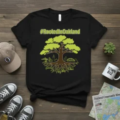 Black t-shirt with #RootedInOakland text above a tree design showcasing Oakland's skyline within its roots