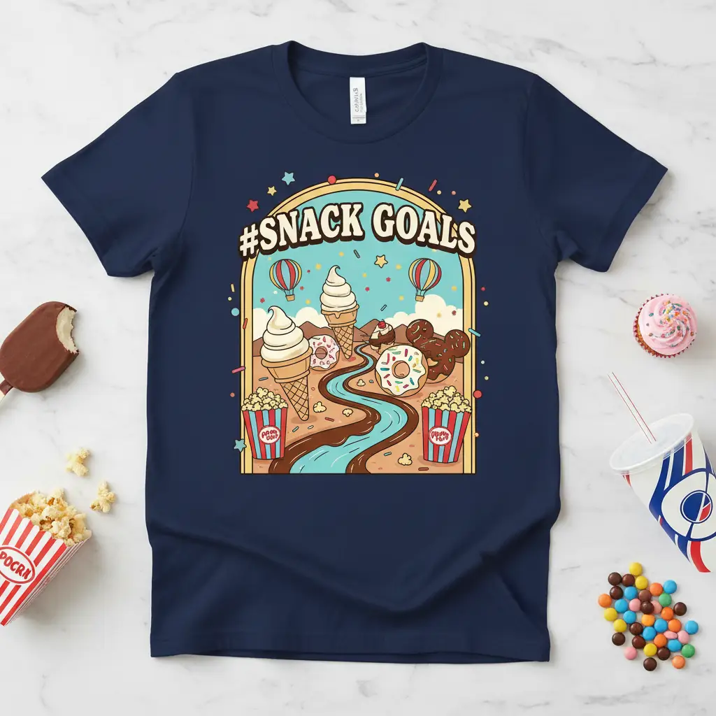 #SNACK GOALS text overlaying a vibrant cartoon landscape filled with ice cream, donuts, and popcorn