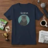 ¡SO DO NOT CARE grumpy Persian cat graphic t-shirt design with teal circle background
