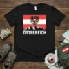 Österreich t-shirt design with Austrian flag and mountain graphic, black tee showing country name