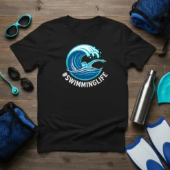 Black t-shirt featuring a blue wave graphic with a swimmer and #SWIMMINGLIFE text, representing the swimmer lifestyle