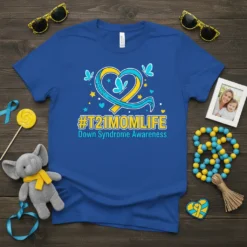 #T21MOMLIFE Down Syndrome Awareness T-Shirt with heart and butterflies graphic