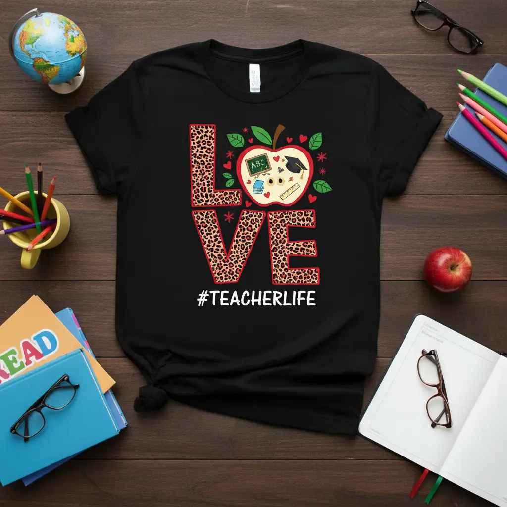 #TEACHERLIFE black t-shirt with leopard print LOVE apple design and school icons