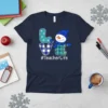 Navy blue t-shirt with "LOVE" design featuring a snowman and #TeacherLife text, festive patterns, and winter theme