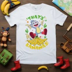 'That's! Bananas!' text with a blue monkey character holding bananas, wearing red boots on a white t-shirt