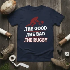 Navy t-shirt with red graphic and text: .THE GOOD .THE BAD .THE RUGBY