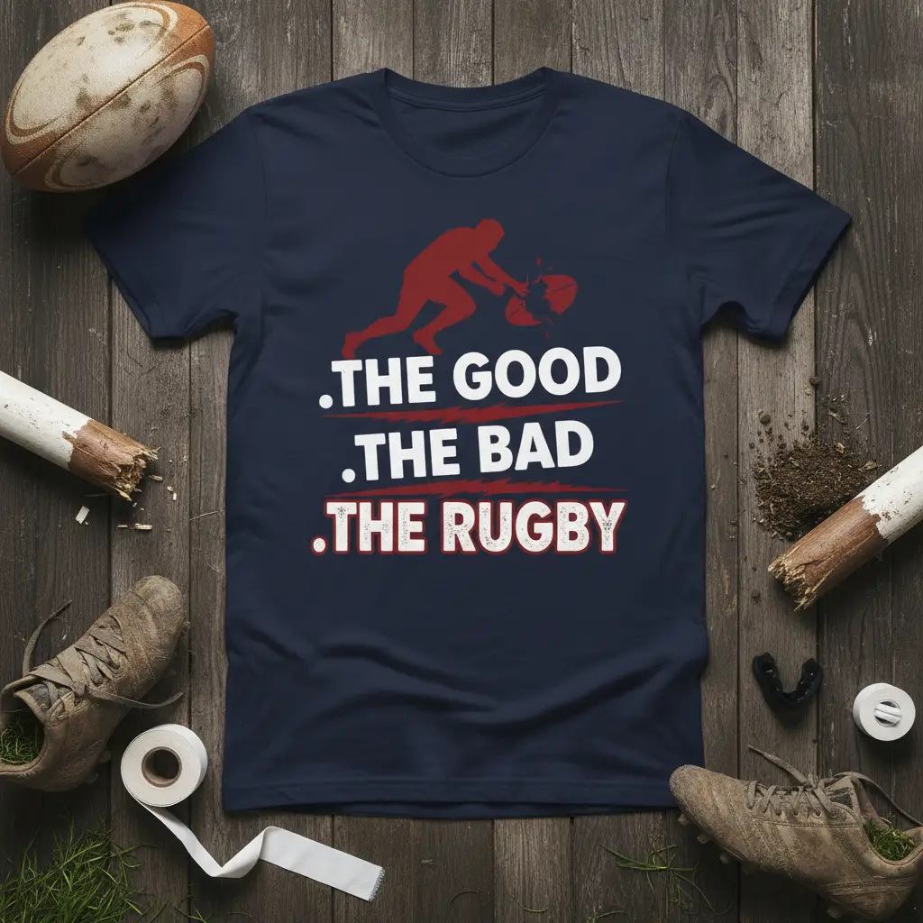 Navy t-shirt featuring a red silhouette of a rugby player in action, with text reading .THE GOOD .THE BAD .THE RUGBY