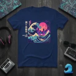 池と未市 The Great Wave 2088 t-shirt design featuring a stylized Japanese wave crashing in front of a neon-lit futuristic cityscape