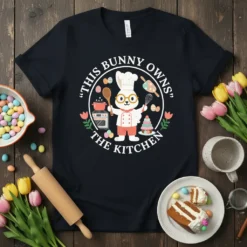 "This Bunny Owns The Kitchen" text with a chef bunny graphic wearing a chef hat and holding cooking utensils on