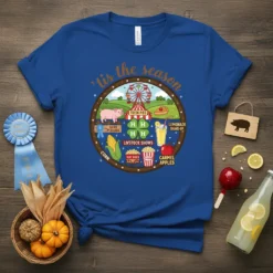 'Tis the season circular design featuring a pig, Ferris wheel, fresh pies, lemonade, caramel apples, corn, hot dogs, and popcorn