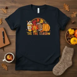 Graphic t-shirt design featuring the text 'Tis the season with autumn leaves, a football, and a pumpkin