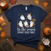 'tis the season SPOOKY GOOD TIMES t-shirt with cute ghosts wearing witch hats and holding pumpkins, set against a dark