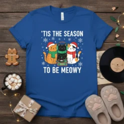 'TIS THE SEASON TO BE MEOWY detailed graphic design printed on comfortable cotton t-shirt
