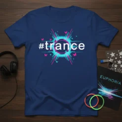 Navy blue t-shirt with #trance in white, surrounded by neon pink and blue abstract lines and butterflies