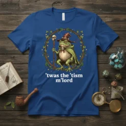 'twas the 'tism m'lord text on a blue t-shirt with a frog wizard graphic wearing a hat and holding a