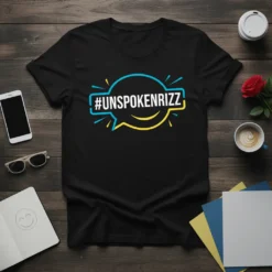 Black t-shirt with #UNSPOKENRIZZ hashtag in a blue and yellow speech bubble graphic, representing unspoken charm and social media trends