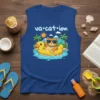 Va·cat·ion text above a cartoon cat wearing sunglasses on a yellow duck float in blue water, palm trees, and sun