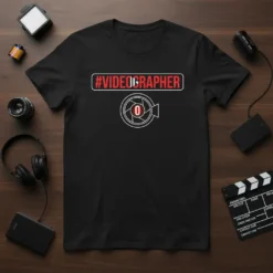 Black t-shirt with #VIDEOGRAPHER hashtag and camera lens graphic, perfect for videographers