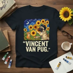 "Vincent Van Pug." text on a t-shirt with a pug painting sunflowers in Van Gogh style, alongside a small cat