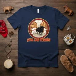 ¡Viva San Fermín! text with a running bull and people in white outfits in a circular graphic on a navy