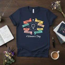 #Women's Day t-shirt design with the female symbol surrounded by empowering words like Caring, Strong, Loving, Kind, Amazing, and Beautiful