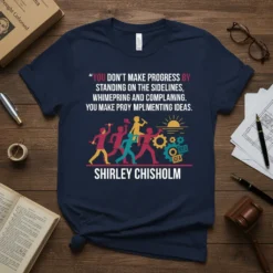 Shirley Chisholm quote "You Don't Make Progress By Standing On The Sidelines" with graphic of people marching and gears, on
