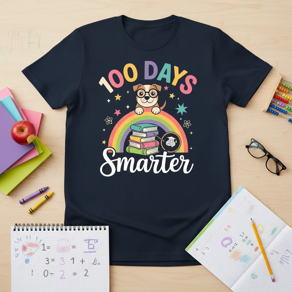 100 Days Smarter T-Shirt Cute Dog & Rainbow Design