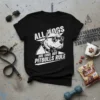 Black t-shirt with white text "ALL DOGS ARE COOL BUT PITBULLS RULE" and a graphic of a pitbull wearing sunglasses