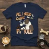 All I Need Is Coffee And My Pitbull text with a pitbull drinking coffee graphic on a navy blue t-shirt
