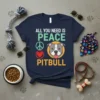 All You Need Is Peace Pitbull text with peace sign and heart, featuring a Pitbull dog graphic on a navy