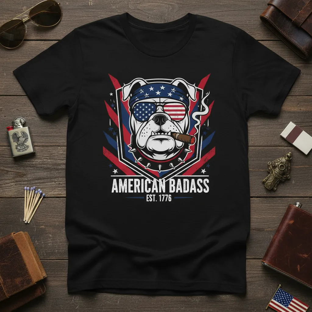 American Badass Est 1776 Bulldog T-Shirt Patriotic Usa Gift