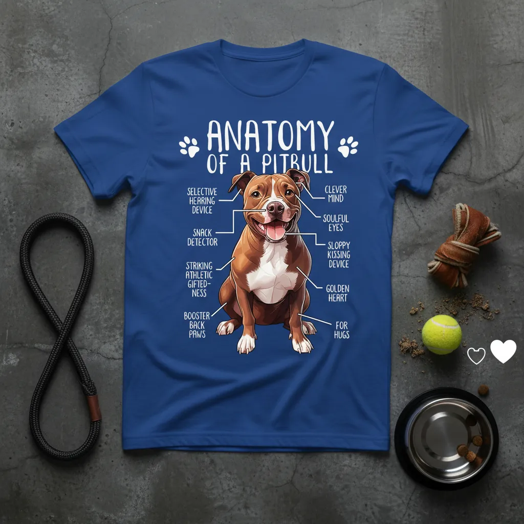 Humorous Anatomy of a Pitbull T-Shirt design with detailed labels for dog features