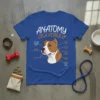 Blue t-shirt featuring "Anatomy Of A Pitbull" text and a humorous diagram labeling pitbull features like "Snack Detector" and "Soulful