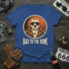 Bad To The Bone Pitbull T-Shirt with sunglasses and leather jacket, featuring a retro sunset background