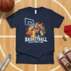 Basketball Slam Dunk King t-shirt design featuring a muscular dog character playing basketball with flames and a hoop graphic