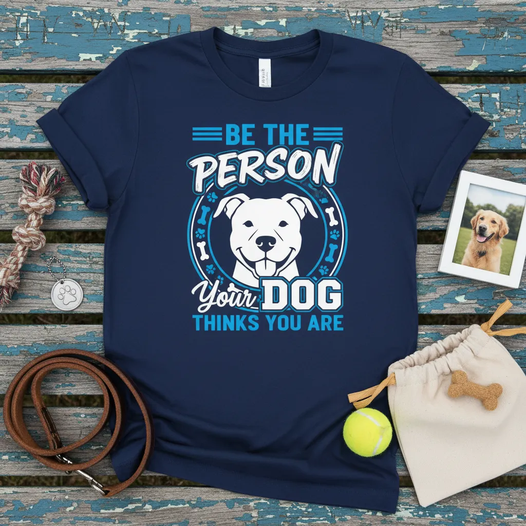 Be The Person Your Dog Thinks You Are quote with pitbull graphic on navy blue t-shirt