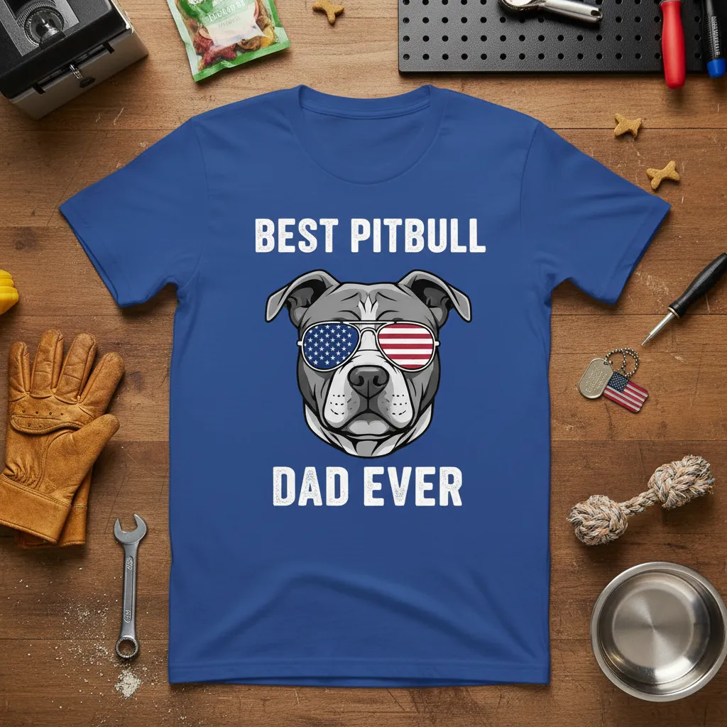 Best Pitbull Dad Ever text with pitbull wearing American flag sunglasses on a royal blue t-shirt