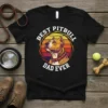 Best Pitbull Dad Ever t-shirt featuring a stylized pitbull portrait with a sunset-colored circle graphic