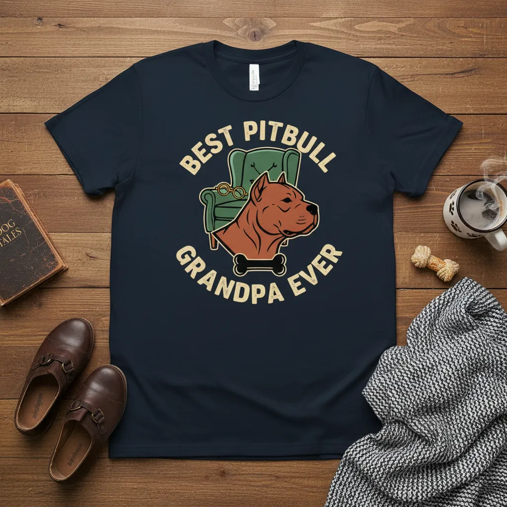 Best Pitbull Grandpa Ever quote with pitbull dog in armchair graphic on t-shirt