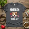 Beware of Pitbulls They Will Steal Your Hearts t-shirt featuring a smiling pitbull face and pink hearts