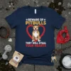 Beware of Pitbulls They Will Steal Your Hearts quote on a navy t-shirt with a pitbull dog and heart graphic