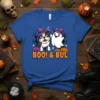 Bulldog and ghost with "Boo! & Bul" text on a blue Halloween t-shirt design