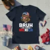 Bruh 250 Years Merica t-shirt design with a bulldog wearing a USA flag hat and sunglasses, text reads BRUH 250