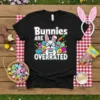 Bunnies ARE OVERRATED T-Shirt with a French Bulldog wearing glasses surrounded by Easter eggs and carrots