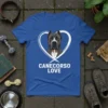 Canecorso Love t-shirt featuring a stylized white heart surrounding a Canecorso dog portrait, with "CANECORSO LOVE" text below
