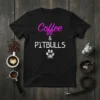 Black t-shirt with "Coffee & PITBULLS" text and a paw print graphic, designed for pitbull owners and coffee lovers