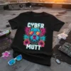 Cyber Mutt t-shirt design featuring a blue and pink pitbull wearing sunglasses with tropical leaves and flowers