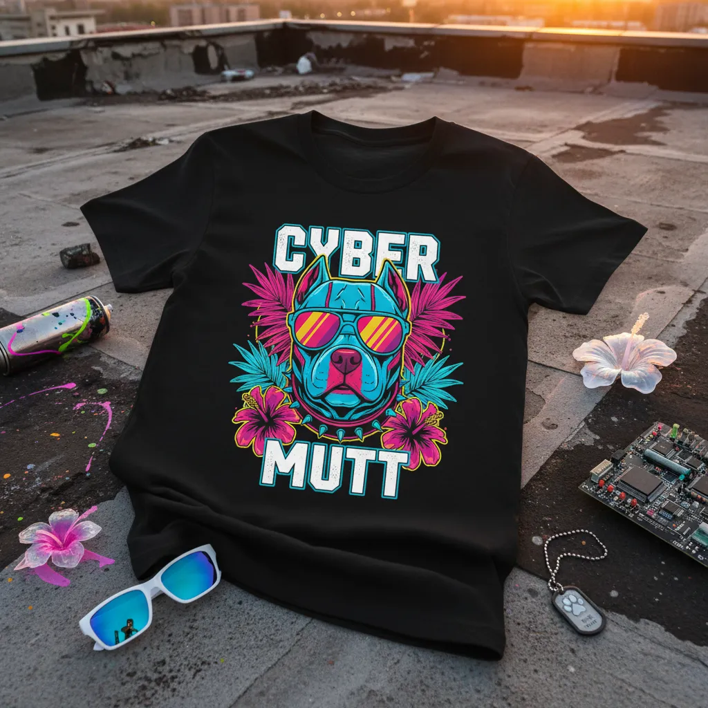 Cyber Mutt Pitbull T-Shirt Retro Tech Dog
