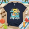 Dog Days t-shirt design with cartoon dogs enjoying summer activities on a beach with a smiling sun