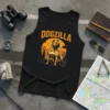 Dogzilla pitbull tank top with city skyline and fighter jets graphic, featuring bold orange text